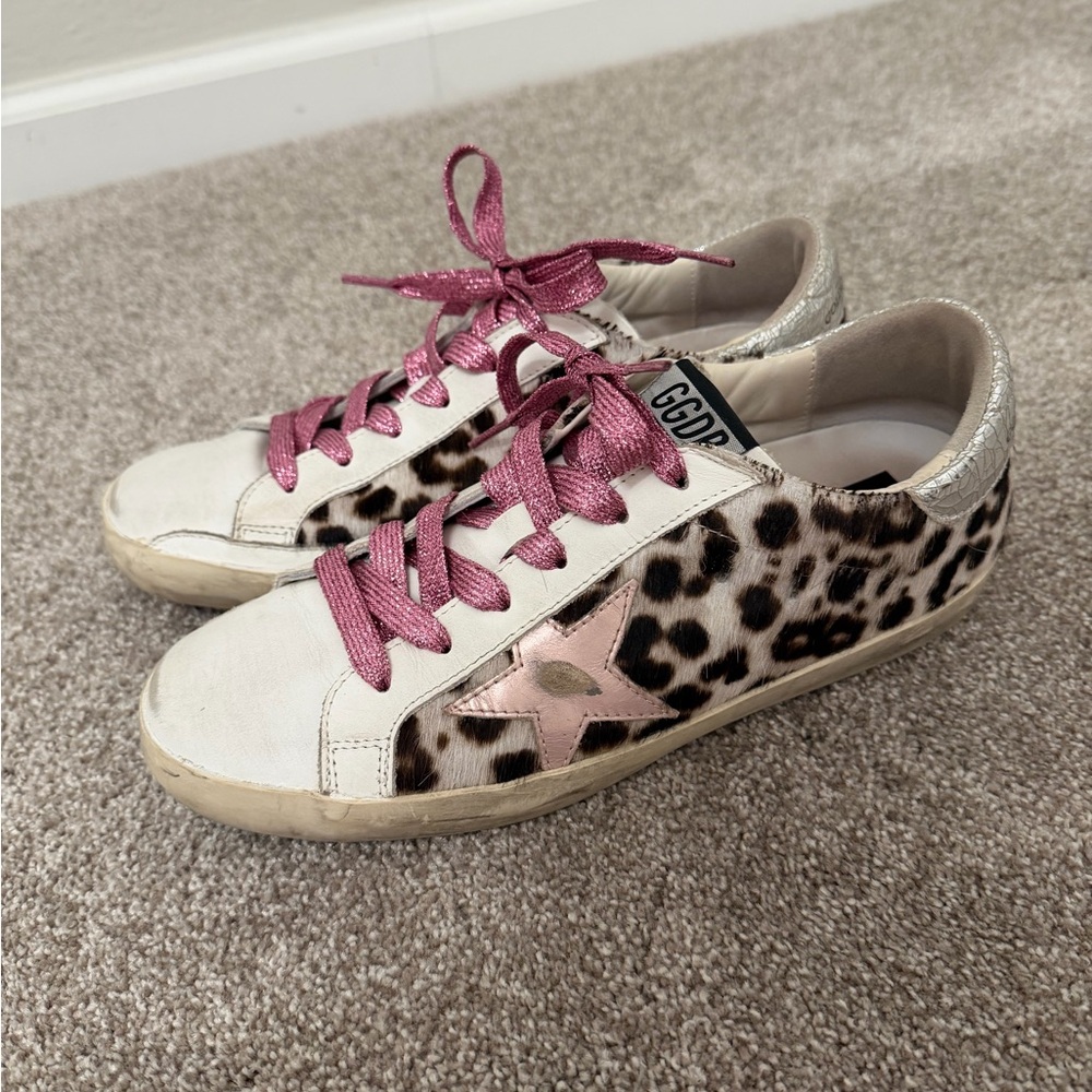 Golden Goose Leopard-Print Low-Top Sneakers with Pink Star and Laces